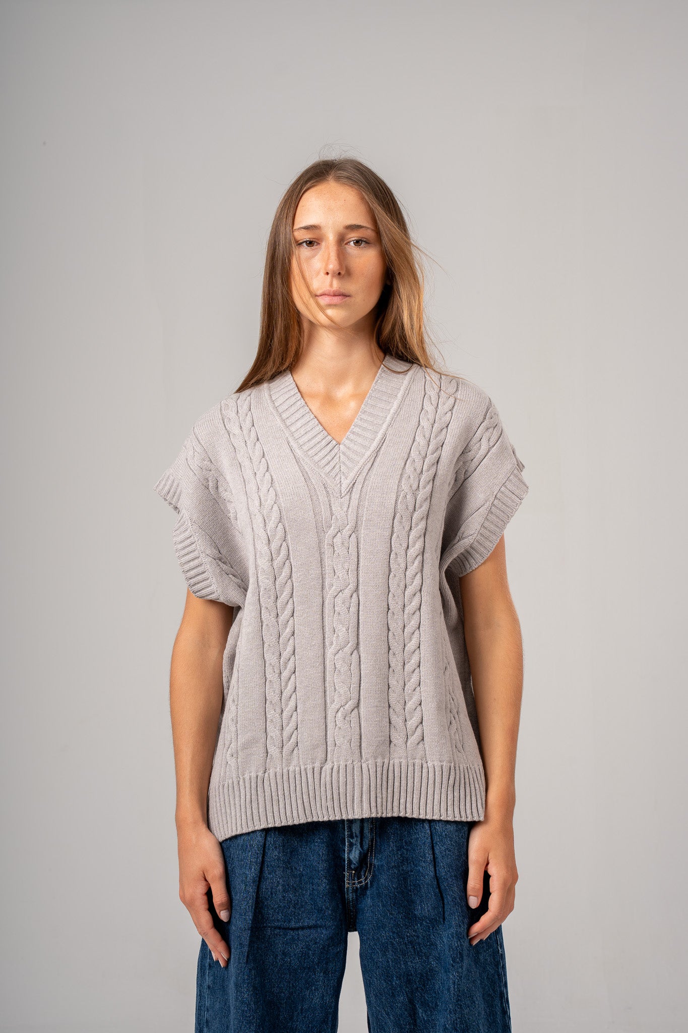 Grey V-Neck Cable vest
